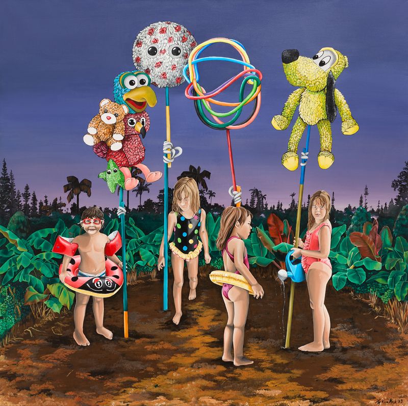 Kana Mick, Sie kamen um im Kreis zu tanzen, 2019, Acryl auf Leinwand, 150 x 150 cm, Foto: Tobias Hübel